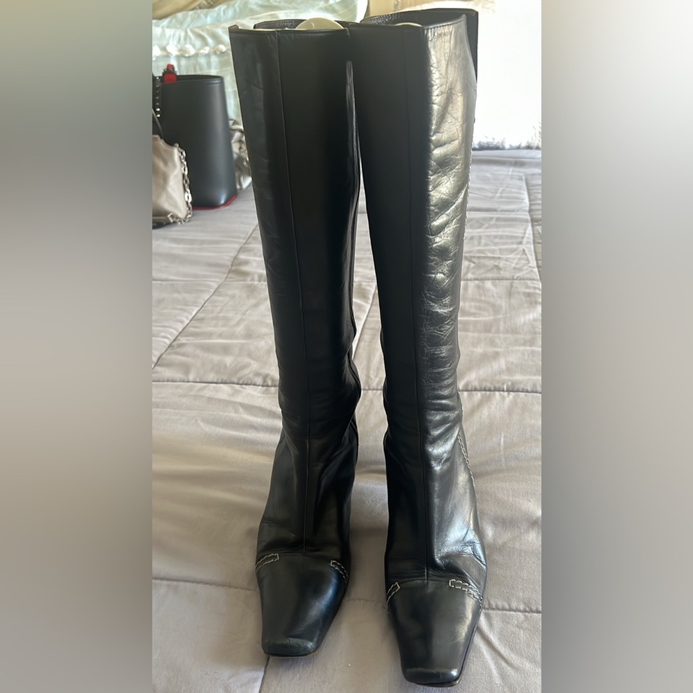 Bebe vintage boots, black with side white stitching, size 8,
